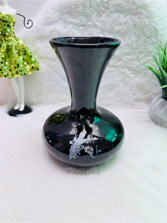 Other - Vintage Black Glass Vase with White Peacock Detail Classic Maximalism 🔥